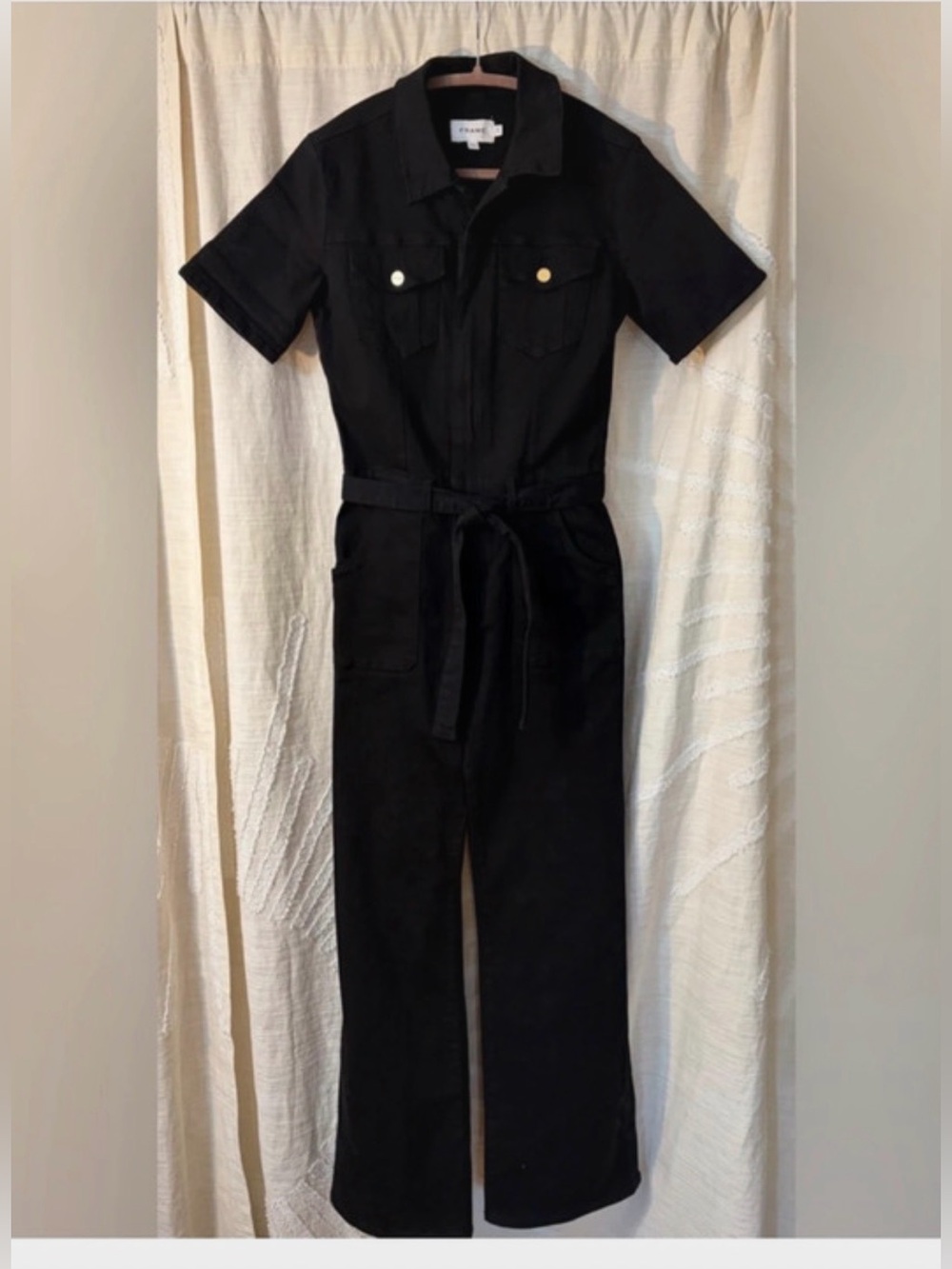 Frame Premium Black Denim Short-Sleeve Utility Jumpsuit Sz S Edgy Chic Minimal